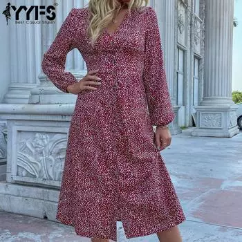 YYFS женские модные летние весенние повседневные платья с длинным рукавом и v-образным вырезом S