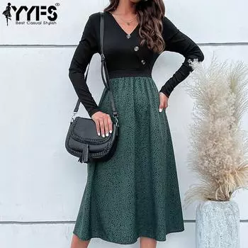 YYFS женские модные летние весенние повседневные платья с длинным рукавом и v-образным вырезом S