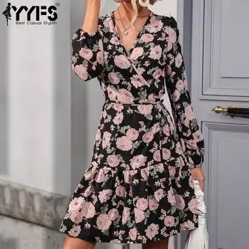 YYFS женские модные летние весенние повседневные платья с длинным рукавом и v-образным вырезом с цветочным принтом S чёрный