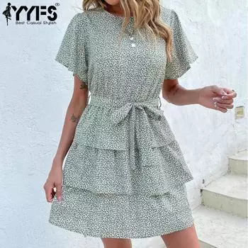 YYFS женские модные летние весенние повседневные платья с коротким рукавом и круглым вырезом с цветочным принтом
