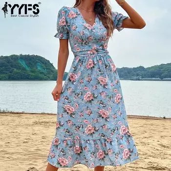 YYFS женские модные летние весенние повседневные платья с коротким рукавом и v-образным вырезом с цветочным принтом L синий