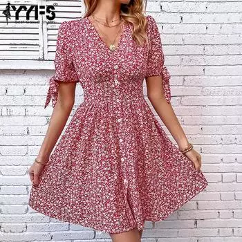 YYFS женские модные летние весенние повседневные платья с коротким рукавом и v-образным вырезом с цветочным принтом S красный