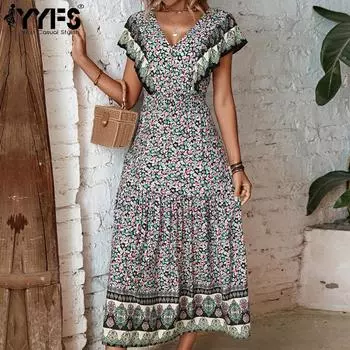 YYFS женские модные летние весенние повседневные платья с коротким рукавом и v-образным вырезом с цветочным принтом S чёрный