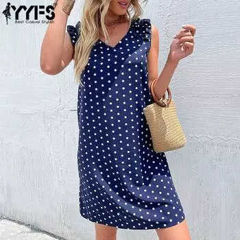 YYFS женские модные летние весенние свободные повседневные платья без рукавов с v-образным вырезом и принтом в горошек S