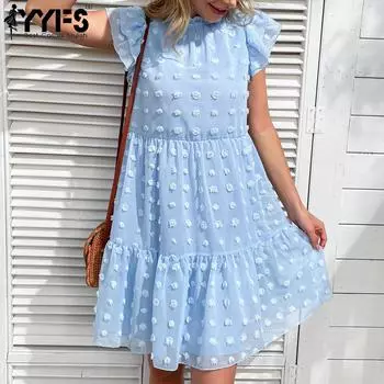 YYFS женские модные летние весенние свободные повседневные платья с коротким рукавом и круглым вырезом с высокой талией M синий
