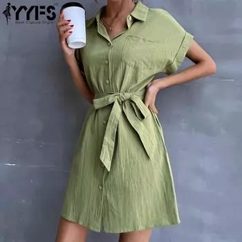 YYFS женские модные летние весенние зеленые однотонные повседневные платья с короткими рукавами и воротником-поло с высокой талией и принтом S зелёный