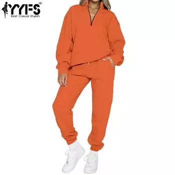 YYFS женские модные однотонные брюки с длинными рукавами и принтом, брючные костюмы S оранжевый