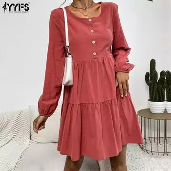 YYFS женские модные однотонные летние весенние повседневные платья с круглым вырезом и длинными рукавами S красное дерево