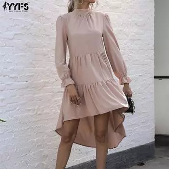 YYFS Женские модные однотонные повседневные платья с длинными рукавами и принтом S хаки