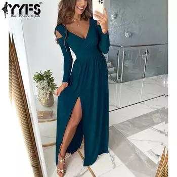 YYFS женские модные осенне-зимние однотонные коктейльные и вечерние платья с длинным рукавом и v-образным вырезом со средней талией