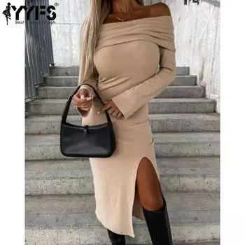 YYFS женские модные осенне-зимние однотонные коктейльные и вечерние платья с длинным рукавом и принтом на одно плечо S бордовый