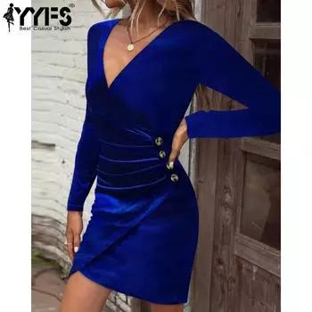 YYFS женские модные осенне-зимние однотонные коктейльные и вечерние платья с длинным рукавом и v-образным вырезом с принтом M чёрный
