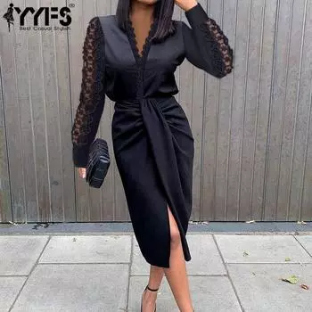 YYFS женские модные осенне-зимние однотонные кружевные повседневные платья с длинным рукавом и v-образным вырезом со средней талией