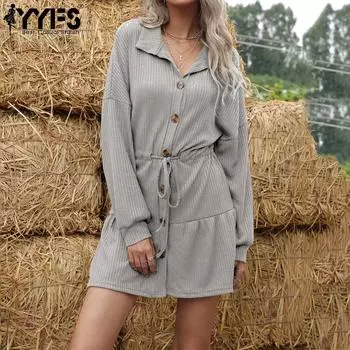 YYFS женские модные осенне-зимние однотонные повседневные платья с длинным рукавом и воротником-поло с принтом S серый
