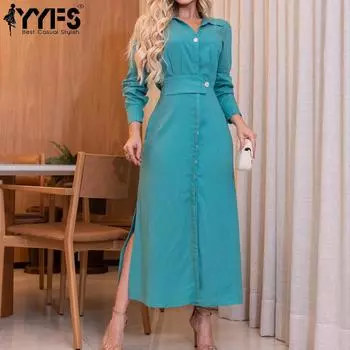 YYFS женские модные осенне-зимние однотонные повседневные платья поло с длинным рукавом и высокой талией с принтом S циан