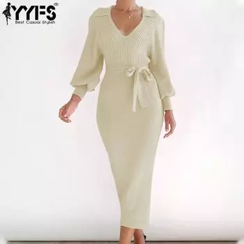 YYFS женские модные осенне-зимние однотонные повседневные платья с длинным рукавом и v-образным вырезом и высокой талией S