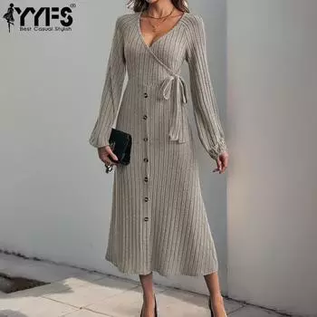 YYFS женские модные осенне-зимние однотонные повседневные платья с длинным рукавом и v-образным вырезом и высокой талией S хаки