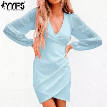 YYFS женские модные осенне-зимние однотонные повседневные платья с длинным рукавом и v-образным вырезом и высокой талией S