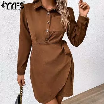 YYFS женские модные осенне-зимние однотонные повседневные платья с длинным рукавом и воротником-поло с принтом S