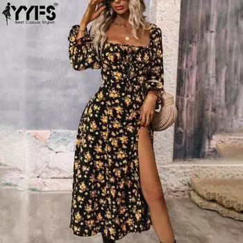 YYFS женские модные осенне-зимние повседневные платья с цветочным узором и длинными рукавами и квадратным воротником со средней талией S золотой