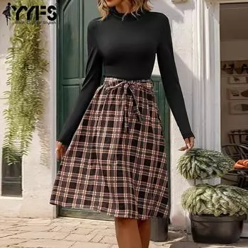 YYFS женские модные осенне-зимние повседневные платья в клетку с длинными рукавами и воротником-стойкой и высокой талией S чёрный