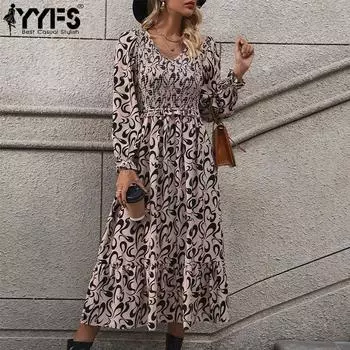 YYFS Женские модные осенне-зимние повседневные платья с длинным рукавом и v-образным вырезом S абрикосовый