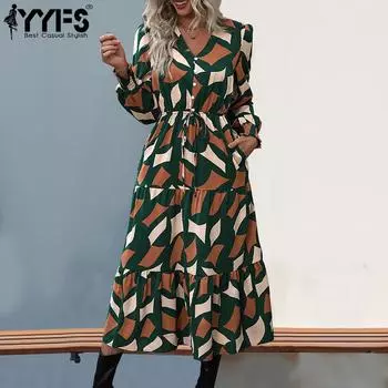 YYFS женские модные осенне-зимние повседневные платья с геометрическим принтом и длинными рукавами и v-образным вырезом и высокой талией S жёлтый
