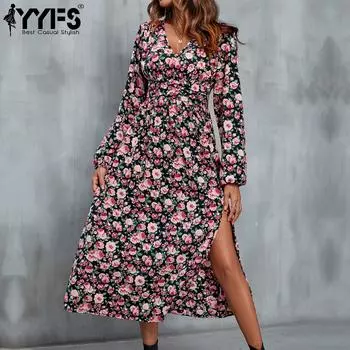 YYFS женские модные осенние цветочные узоры с принтом и длинными рукавами, v-образным вырезом, средней талией, повседневные платья S красный
