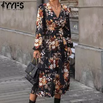 YYFS женские модные осенние цветочные узоры с принтом и длинными рукавами, v-образным вырезом, средней талией, повседневные платья S чёрный