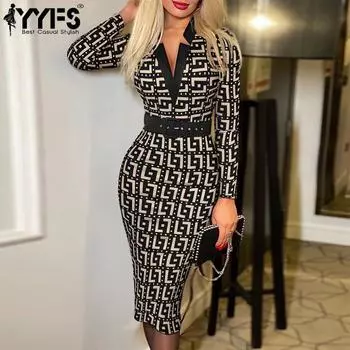 YYFS женские модные осенние геометрические узоры с принтом и поясом, длинными рукавами, v-образным вырезом и высокой талией, повседневные платья S