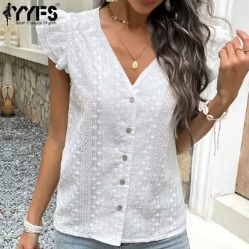 YYFS Женские модные повседневные белые блузки и рубашки с короткими рукавами и v-образным вырезом L белый