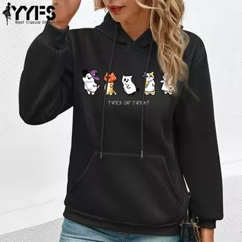 YYFS женские модные повседневные блузки и рубашки с капюшоном и длинными рукавами с мультяшным принтом кота S чёрный