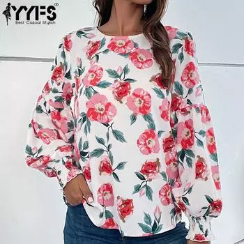 YYFS женские модные повседневные блузки и рубашки с круглым вырезом и длинным рукавом с цветочным принтом S