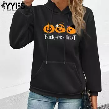 YYFS женские модные повседневные блузки и рубашки с капюшоном и длинными рукавами с принтом тыквы S чёрный