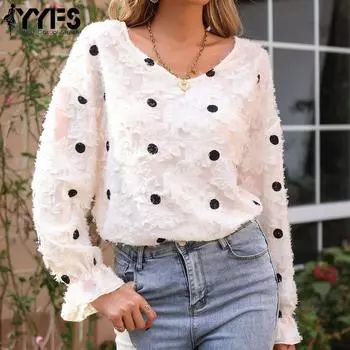 YYFS женские модные повседневные блузки и рубашки с v-образным вырезом и длинными рукавами в горошек S абрикосовый