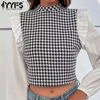 YYFS женские модные повседневные блузки и рубашки с длинным рукавом с принтом «гусиные лапки» и полуводолазкой S