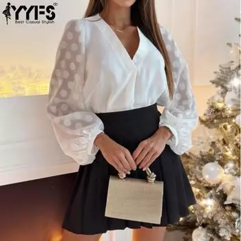 YYFS Женские модные повседневные блузки и рубашки с v-образным вырезом и длинными рукавами на весну и осень S чёрный