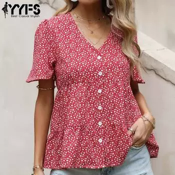 YYFS женские модные повседневные блузки и рубашки с v-образным вырезом и короткими рукавами с цветочным принтом S красный