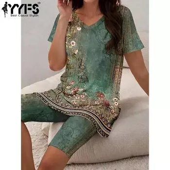 YYFS женские модные повседневные блузки и рубашки с короткими рукавами и v-образным вырезом с цветочным узором, шорты, костюмы S