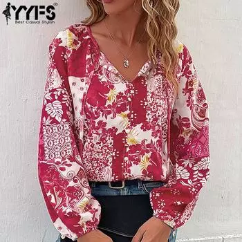 YYFS женские модные повседневные блузки и рубашки с v-образным вырезом и длинными рукавами с цветочным принтом S