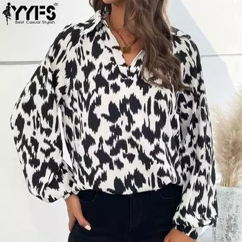 YYFS женские модные повседневные блузки и рубашки-поло с леопардовым принтом и длинными рукавами S