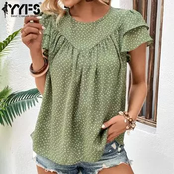 YYFS Женские модные повседневные блузки и рубашки с короткими рукавами и круглым вырезом S зелёный