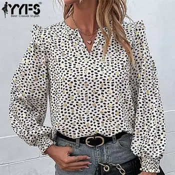 YYFS женские модные повседневные блузки и рубашки с v-образным вырезом и длинными рукавами в горошек S