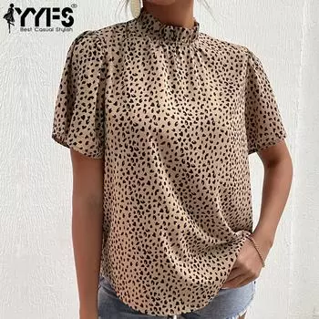 YYFS женские модные повседневные блузки и рубашки с круглым вырезом и короткими рукавами с леопардовым принтом M хаки