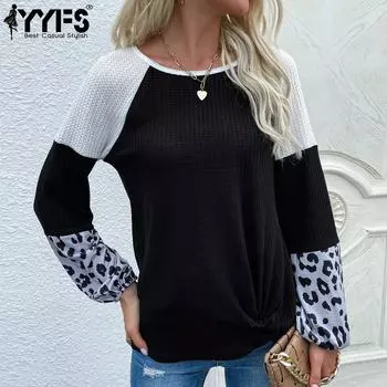 YYFS женские модные повседневные блузки и рубашки с круглым вырезом и длинными рукавами с леопардовым принтом S чёрный