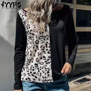 YYFS женские модные повседневные блузки и рубашки с круглым вырезом и леопардовым принтом, пуловеры и длинные рукава S чёрный