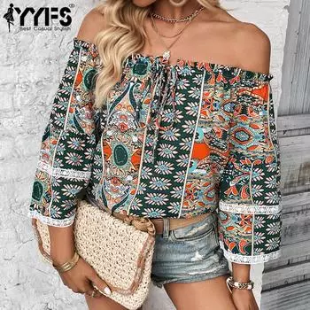 YYFS Женские модные повседневные блузки и рубашки с длинным рукавом в богемном стиле S зелёный