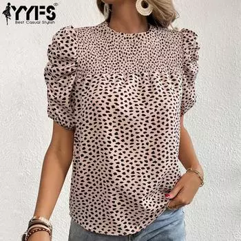 YYFS женские модные повседневные блузки и рубашки с круглым вырезом и короткими рукавами с леопардовым принтом S хаки
