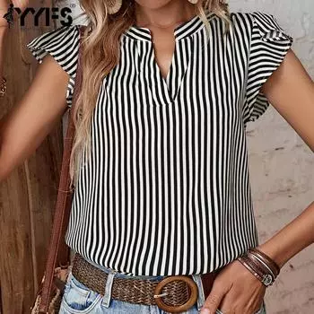 YYFS женские модные повседневные блузки и рубашки с v-образным вырезом и короткими рукавами в полоску с принтом S