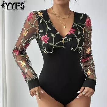 YYFS Женские модные повседневные боди с цветочным принтом весна-осень с длинным рукавом и V-образным вырезом S чёрный